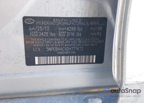 2013 Hyundai Sonata Gls z USA, uszkodzony, nr VIN 5NPEB4ACXDH771672